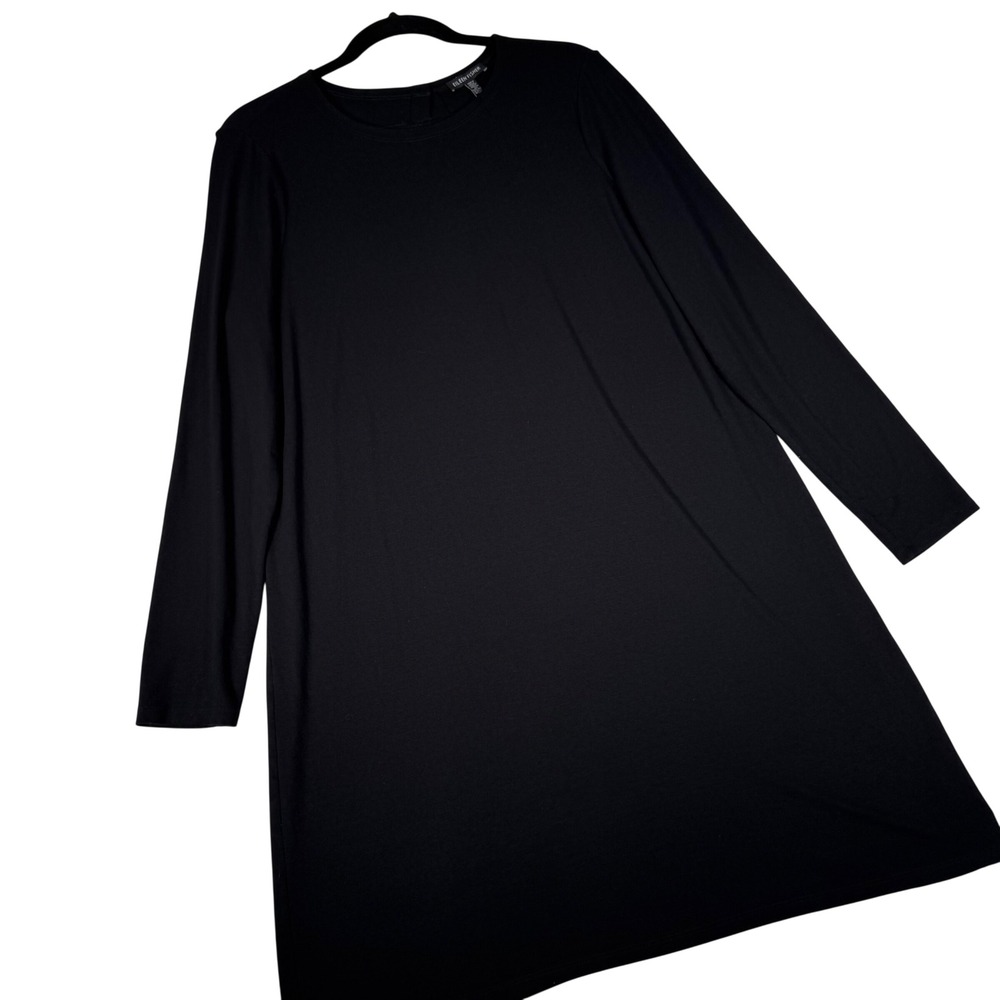 Eileen Fisher Black Viscose Jersey Long‎ Sleeve Shift Dress Large | Crewneck LBD